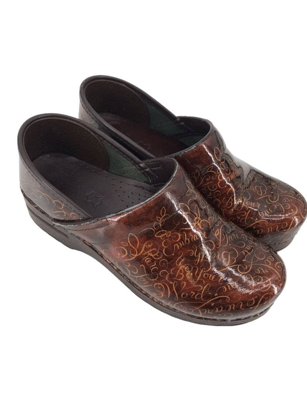 Dansko Womens Brown Script Pattern Leather Clogs Size EU 38 US 7.5-8